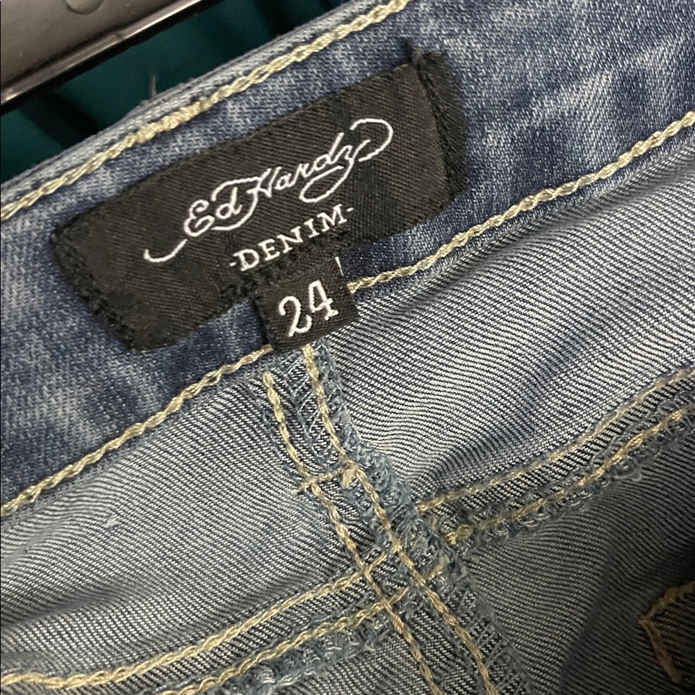Ed Hardy Women's Brave Hearts Stay True Eagle Wide Leg Jeans Med Vintage Wash 24 - Picture 8 of 15